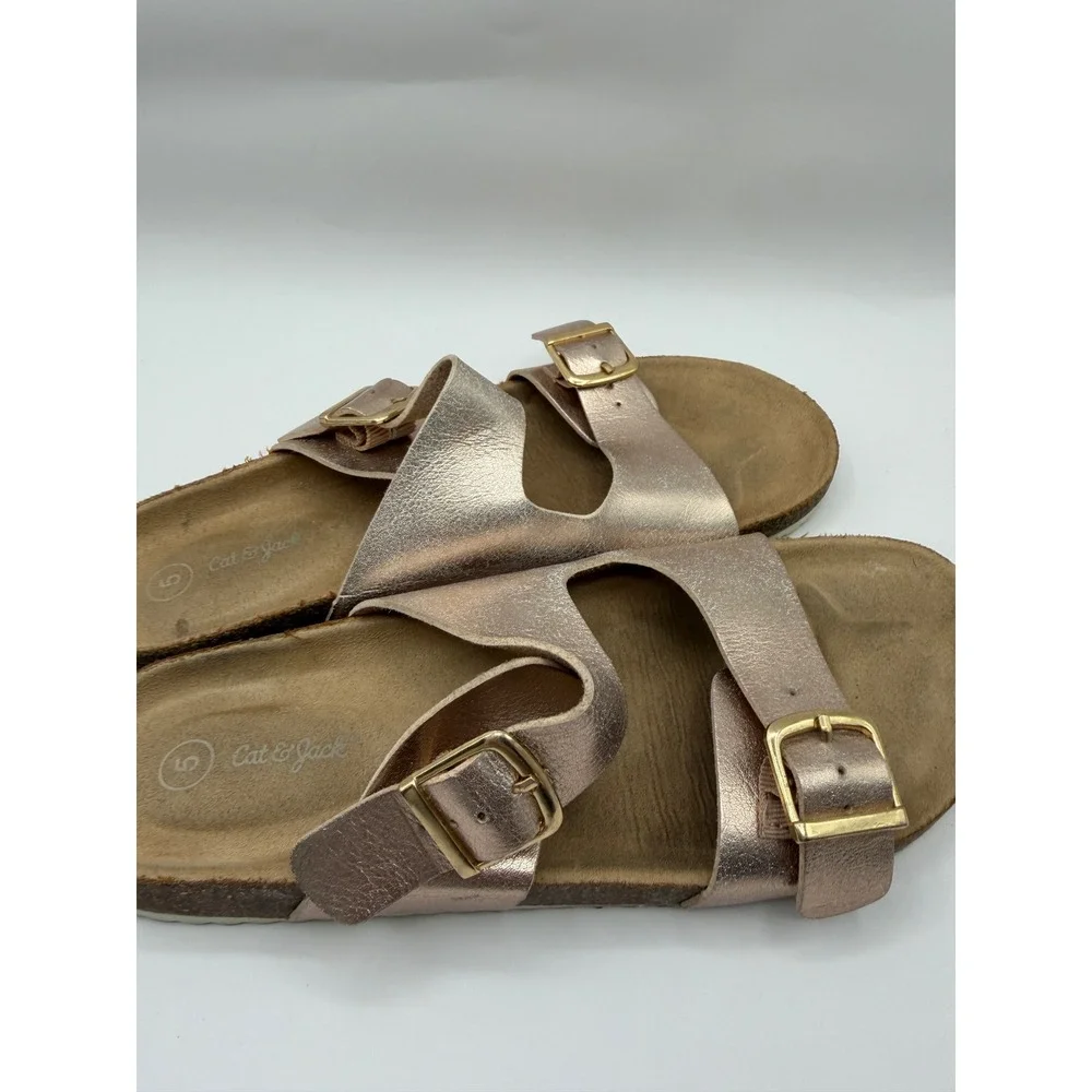 Cat‎ & Jack Slide Sandals Girls Size 5 Rose Gold Metallic Double Buckle Slides